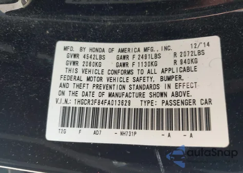 2015 Honda Accord Ex-L V-6 из США, поврежденный, VIN 1HGCR3F84FA013629